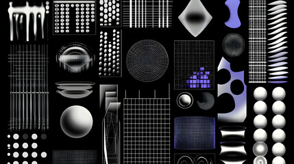 Abstract Collage of Geometric Shapes and Patterns on Black Background