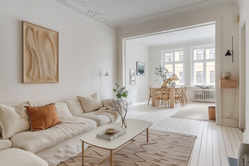 interior design concept. Scandinavian-inspired living room with light wood furniture, a soft white sofa, and pops of color in the form of cozy textiles and minimalist artwork.