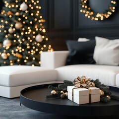 Elegant holiday decor featuring a beautifully wrapped gift on a stylish coffee table with a Christmas tree in the background.