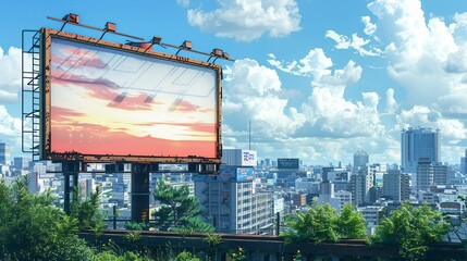 Sticker - Urban billboard mockup with a high-visibility advertisement, set against a realistic city background for showcasing design elements and promotional content. High resolution Illustration, in the style