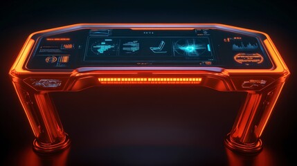 Futuristic table featuring interactive digital display with glowing details