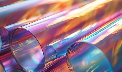 Poster - A vibrant close-up of translucent, iridescent tubes displaying shimmering colors, evoking a sense of creativity and modern design.