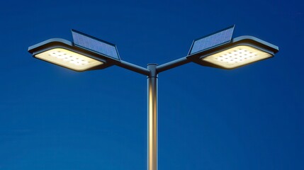 Modern solar-powered street light with two panels during evening time