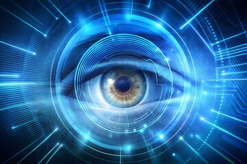 Wall Mural - Digital eye with blue glowing lines technology concept