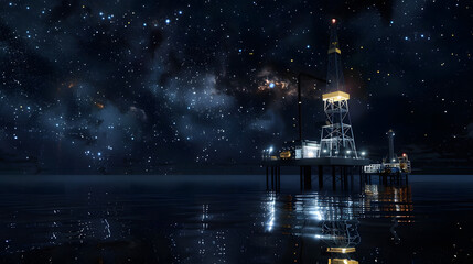 Wall Mural - A night scene of a drilling rig with bright lights illuminating the metal structure, reflections on the dark water, and a backdrop of a star-filled sky, capturing the quiet, intense focus of night ope