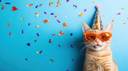 Wall Mural - Orange tabby cat in a party hat and orange sunglasses with colorful confetti on a blue background. Playful celebration concept.