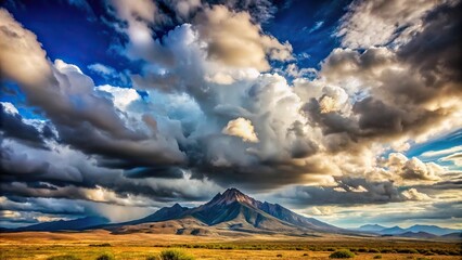 Aerial view of majestic mountain range surrounded by fluffy clouds in the sky