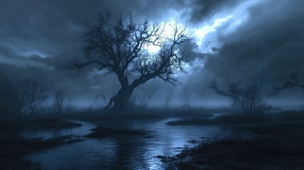 Wall Mural - eerie landscape with dark tree silhouettes in a misty swamp and a dramatic night sky