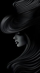 Wall Mural - A woman with a hat on her head. The hat is black and has a long, wavy style. The woman's face is not visible, but her hair is long and flowing. The image has a mysterious and elegant mood