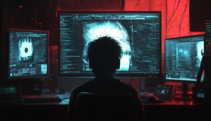 A hacker sits in front of multiple computer screens, working on a project.