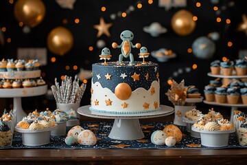 Alien-Themed Birthday Cake in Space Setting