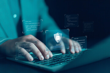 Cyber ​​security concept. Lock icon and password entry. Man using laptop with digital shield icon representing cyber security. Showing online security measures. Password protection.