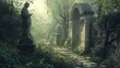 © marfuah - A stone path leads through a misty, overgrown garden with statues and an arched entrance.