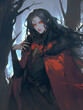 © Diana D. - vampire in the woods, vampire in the dark, anime illustration of a vampire with long black hair standing in the middle of the forest, Halloween, spooky forest