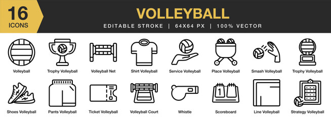 Volleyball icon set. Editable Stroke Icon Collection. Includes net, court, ball, smash, scoreboard, place, and More. Outline icons vector collection.