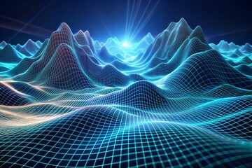 Wall Mural - Futuristic digital landscape with blue grid lines