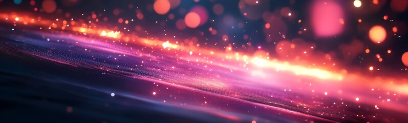 Poster - A vibrant digital abstract image featuring glowing particles and waves of light in shades of pink, blue, and purple, creating a dynamic visual effect.