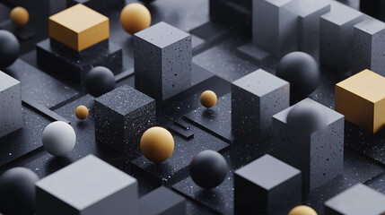abstract 3d composition with gold and gray cubes and spheres