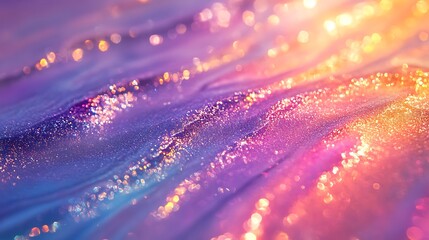Poster - A shimmering, colorful abstract image featuring flowing waves of light with sparkling textures in vibrant shades of purple, blue, and gold.