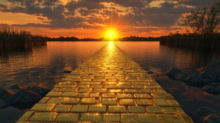 Wall Mural - A pathway made of gold bricks leading to a tranquil lake, where the reflection of a setting sun merges with the golden path, representing the journey toward balance and fulfillment.