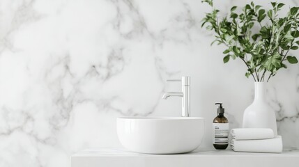 Modern bathroom design with white marble table top, ready for product placement, featuring a minimalist and clean aesthetic