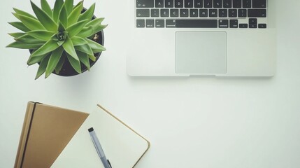 Modern office desk with a laptop, notebook, and succulent plant on a white background, representing a clean and stylish workspace