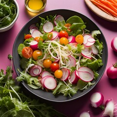 Refreshing bowl of mixed salad with baby greens cherry tomatoes radishes and julienned carrots with light vinaigrette
