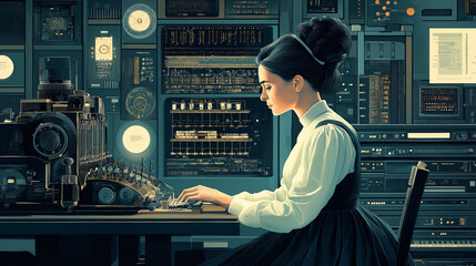 first programmer, an artistic tribute showing ada lovelace sitting at an early computing machine, su