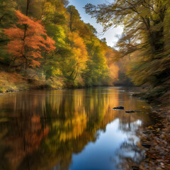 A peaceful river winding through a forest with the reflections of autumn leaves shimmering in the water - Generative AI