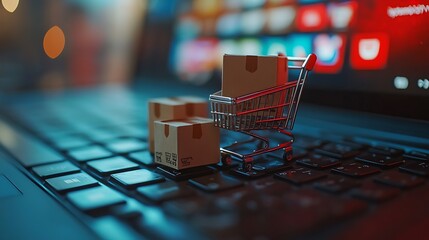 Miniature shopping cart with boxes on laptop keyboard, representing online shopping.