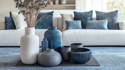 Stylish living room decor with blue and white accents.