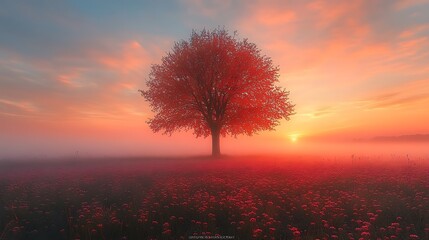 Wall Mural - a single tree stands tall in a field of wildflowers at sunrise, bathed in warm, golden light.