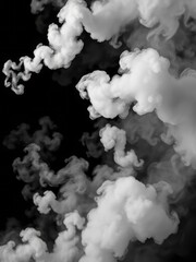 Black and white photography, billowing smoke, abstract cloud formations, stark contrast, ethereal atmosphere, swirling vapors, intricate patterns, atmospheric texture, dramatic lighting, moody ambianc