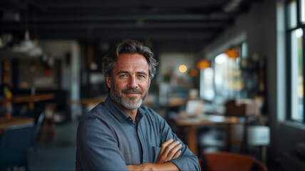 Confident smiling Hispanic businessman in casual office setting, friendly professional portrait of accomplished leader