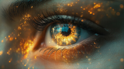 magical golden glowing pupil eye closeup with sparkling cosmic energy, surreal fantasy vision concep