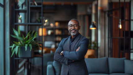 Accomplished African American male executive in suit and glasses exuding confidence and leadership