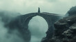 ©  Made with Matcha - Mystical stone arch bridge shrouded in ethereal mist, solitary figure alone in bleak foggy landscape