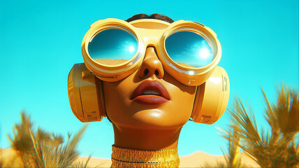 Retro-futuristic portrait of woman with oversized yellow sunglasses and headphones against vibrant blue sky, surreal summer fashion concept