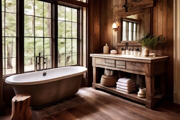 rustic bathroom with a wood floor vanity natural wood accents a