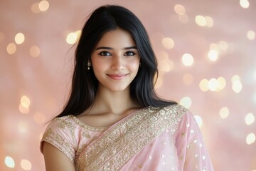 Wall Mural - Portrait of Indian young woman in soft pink saree with gold embroidery, looking directly at the camera with a warm, welcoming smile, with a pink to peach bokeh gradient glowing backdrop, Indian 