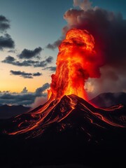 A breathtaking eruption of molten lava illuminates the evening sky against a backdrop of dark clouds and rugged terrain Smoke Explosion Backdrop