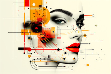 Wall Mural - A woman's face is drawn in a very abstract style with a lot of circles and squares. The colors are bright and bold, giving the image a lively and energetic feel