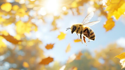 Wall Mural - Honeybee Flying Through Autumn Leaves   Nature Photography