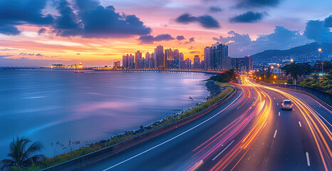 Highway with city skyline and sea view, a panoramic photo of an empty highway road at sunset with blurred light trails over an island cityscape overlooking the ocean in the background.