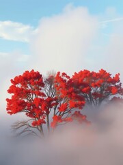 Amidst the foggy forest a grove of trees with scarlet leaves stands out against the backdrop of a tranquil blue sky Smoke Explosion Backdrop