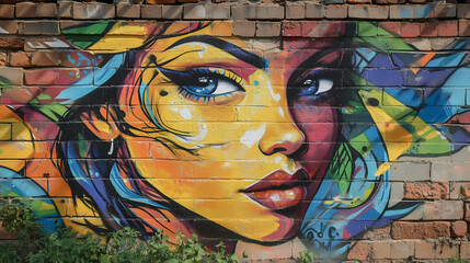 Poster - Vibrant female face graffiti mural on brick wall, street art, urban art, wall art, graffiti art. Stencil Graffiti. Illustration