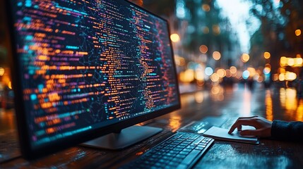 A computer screen displaying colorful code with a hand on a keyboard in a dimly lit setting.