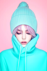 Wall Mural - A woman wearing a blue sweater and a blue hat. She has pink lips and is wearing a pink lipstick