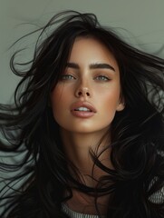 Poster - Beautiful woman with dark long hair in motion.