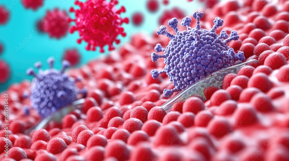 Illustration of viral structures interacting with red blood cells ...